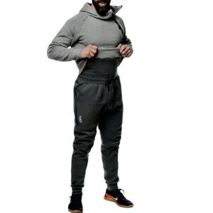 Tuxy One Piece Sweatsuit Jumpsuit L Men Gray Top Black Bottom Hooded Zip Fly NEW
